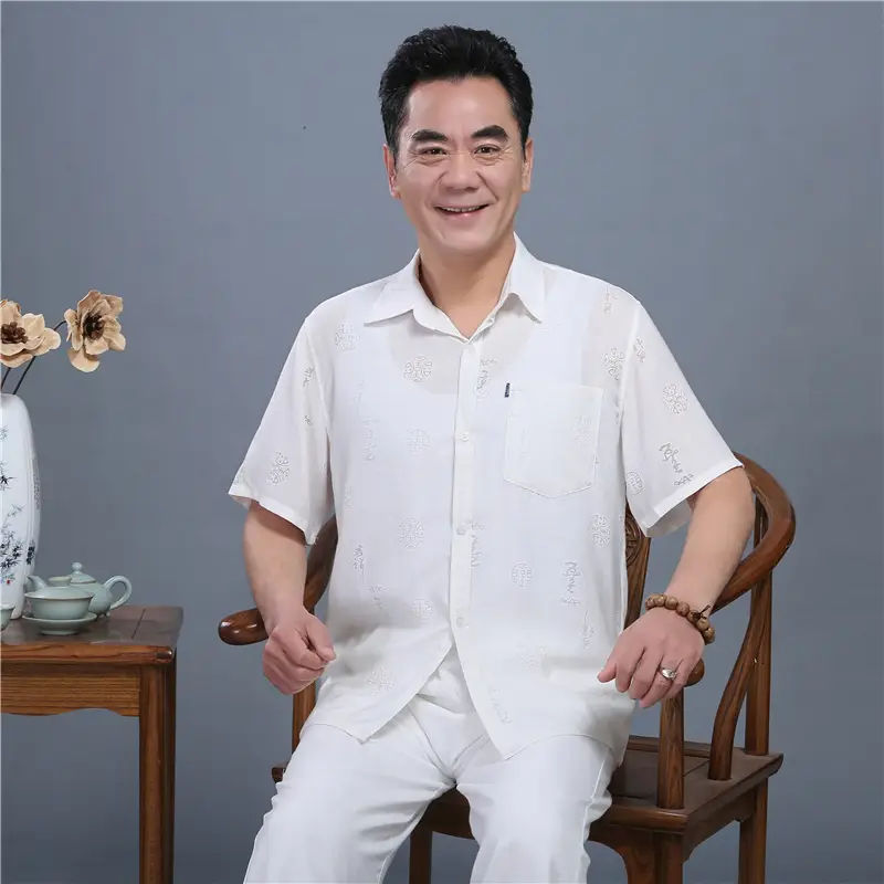 Men Linen Chinese Style Shirt & Pants Set White Elderly Suit - Image 6