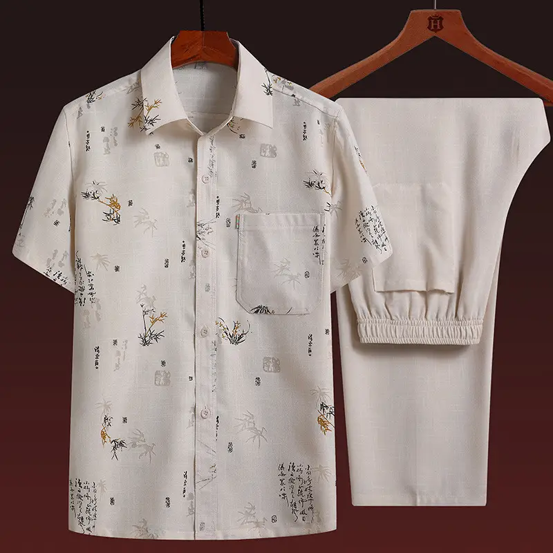 Men Linen Chinese Style Shirt & Pants Set White Elderly Suit - Image 7