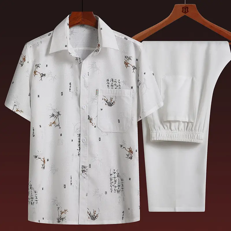 Men Linen Chinese Style Shirt & Pants Set White Elderly Suit - Image 9