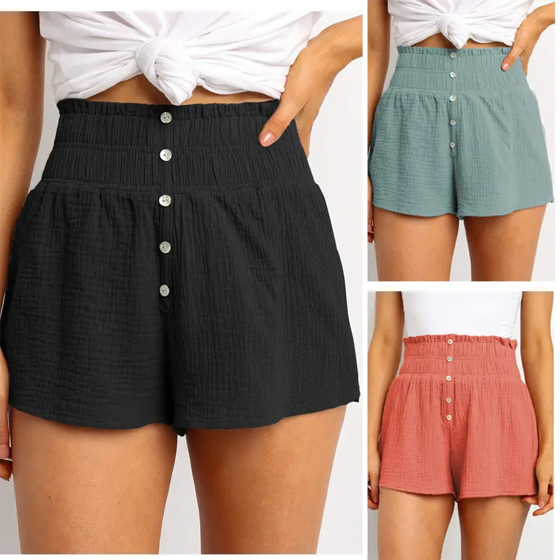 Women Summer Shorts Black Green Pink High Waist Button - Image 5