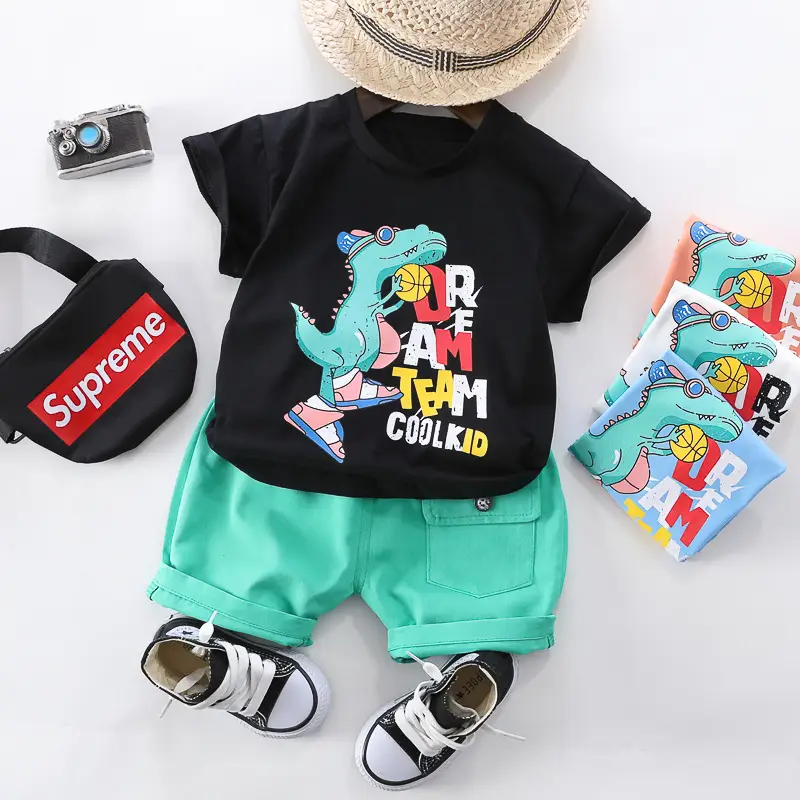 Kids Korean Style T-Shirt Suit Blue Dinosaur Print - Image 8
