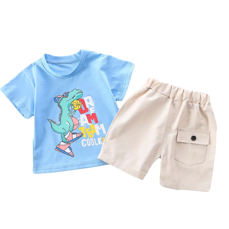 Kids Korean Style T-Shirt Suit Blue Dinosaur Print - Image 9