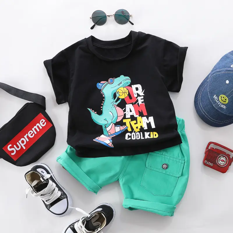 Kids Korean Style T-Shirt Suit Blue Dinosaur Print - Image 2