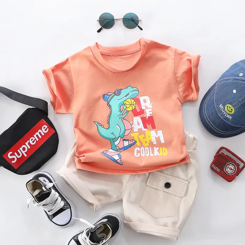 Kids Korean Style T-Shirt Suit Blue Dinosaur Print - Image 4