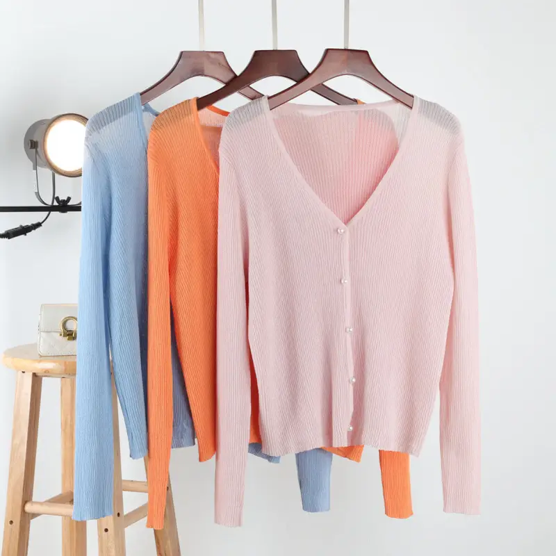 Women Ice Silk V-Neck Cardigan Light Green - Image 12