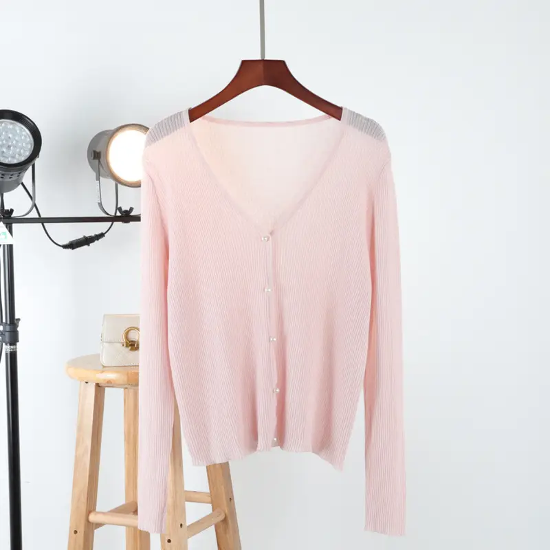 Women Ice Silk V-Neck Cardigan Light Green - Image 15