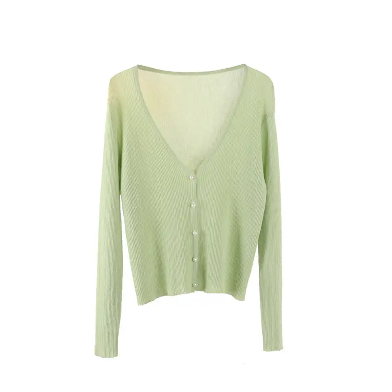 Women Ice Silk V-Neck Cardigan Light Green - Image 16