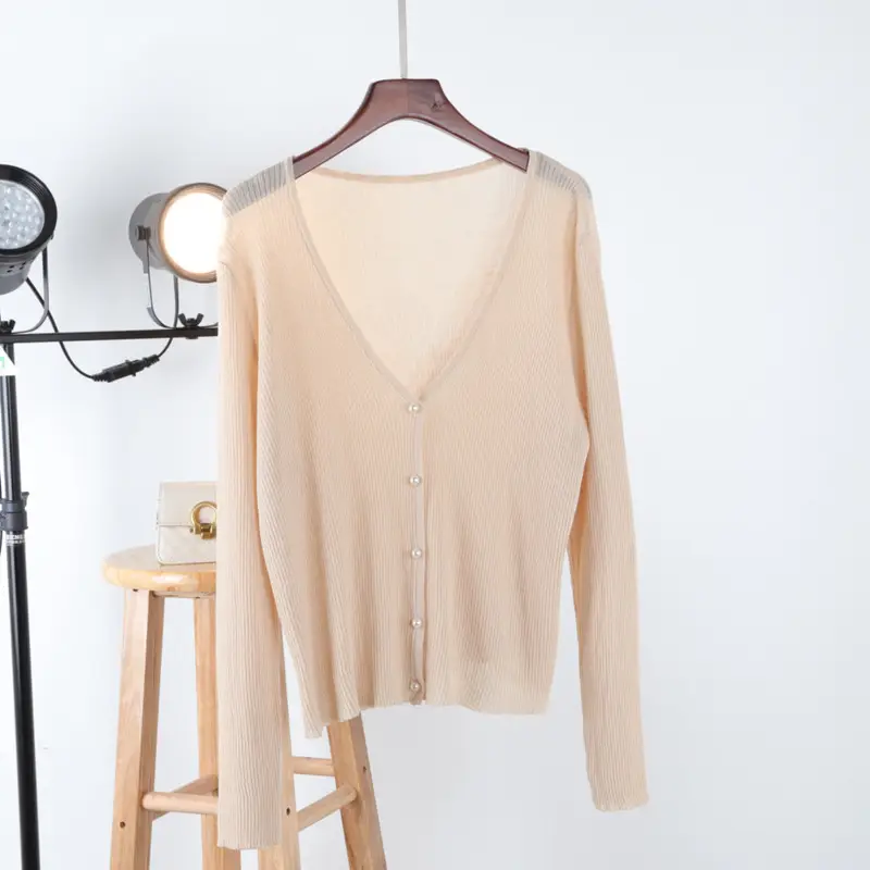 Women Ice Silk V-Neck Cardigan Light Green - Image 10