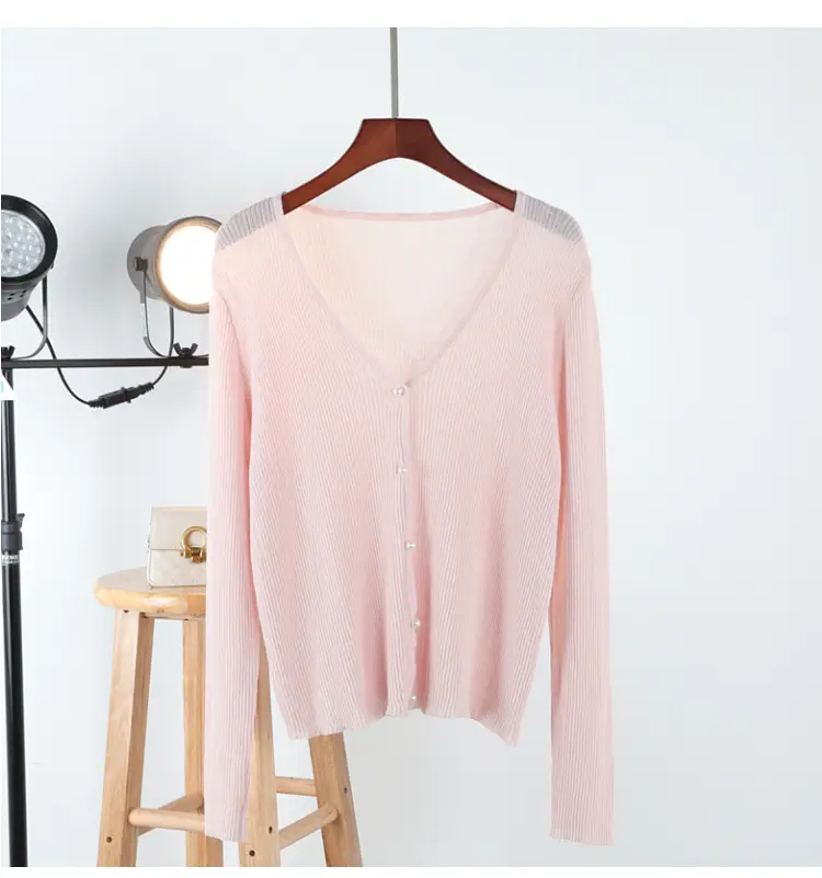 Women Ice Silk V-Neck Cardigan Light Green - Image 11