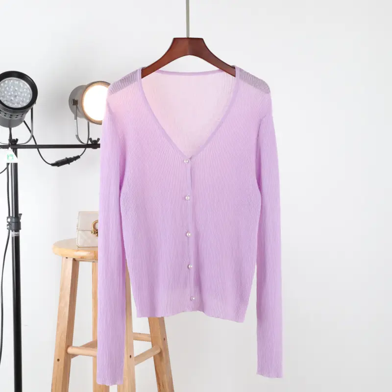 Women Ice Silk V-Neck Cardigan Light Green - Image 2