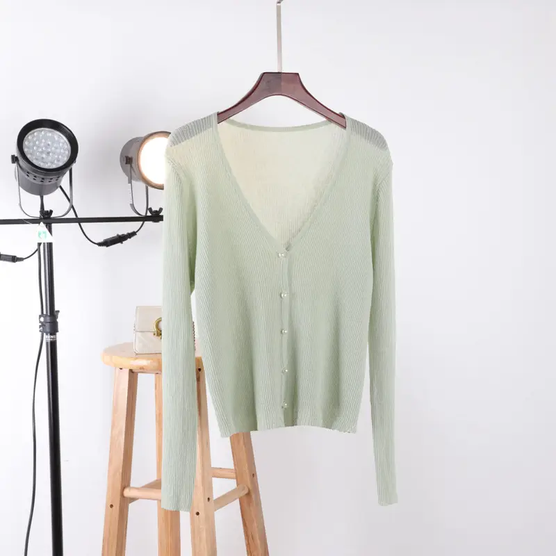 Women Ice Silk V-Neck Cardigan Light Green - Image 3