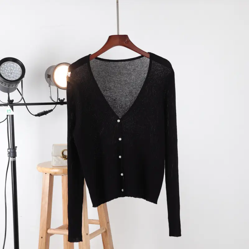 Women Ice Silk V-Neck Cardigan Light Green - Image 4