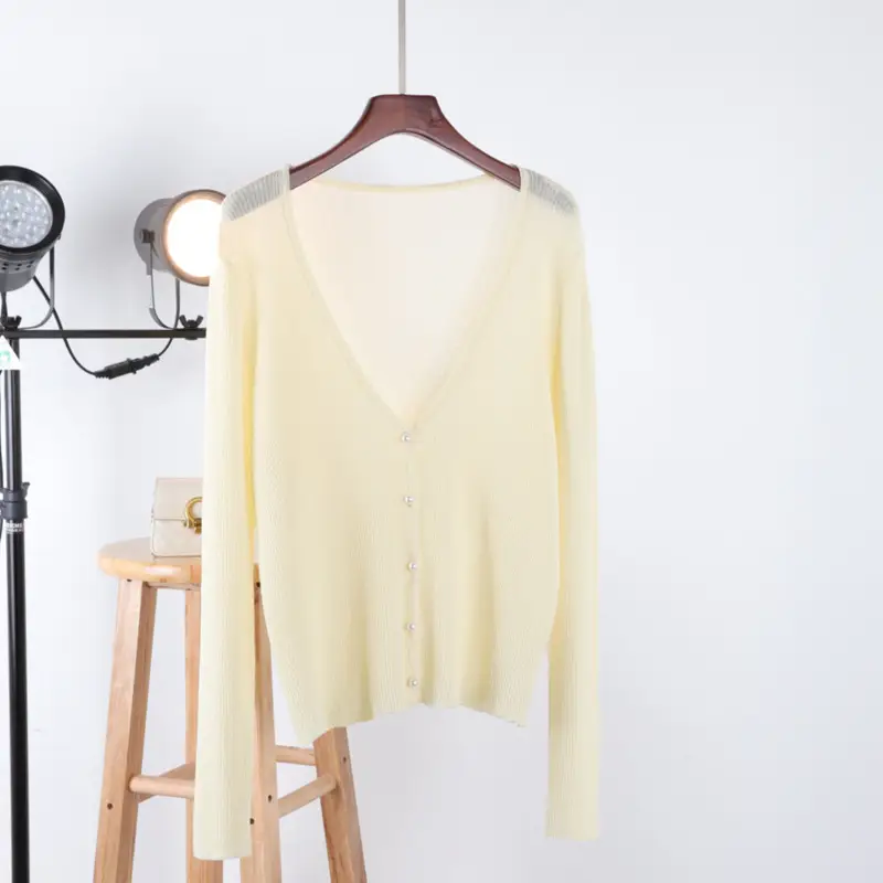 Women Ice Silk V-Neck Cardigan Light Green - Image 5