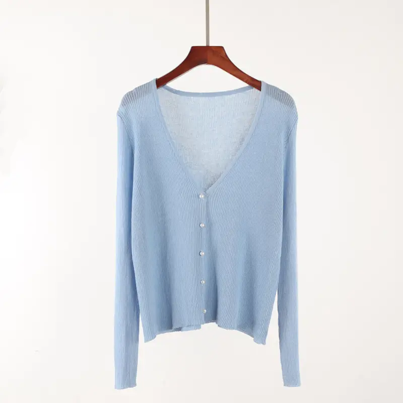 Women Ice Silk V-Neck Cardigan Light Green - Image 6