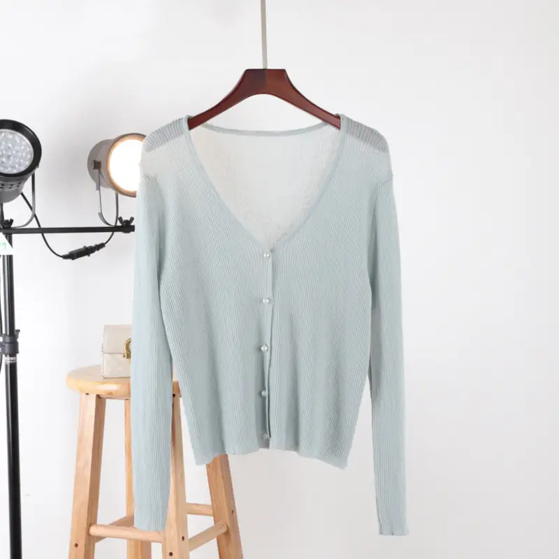 Women Ice Silk V-Neck Cardigan Light Green - Image 7
