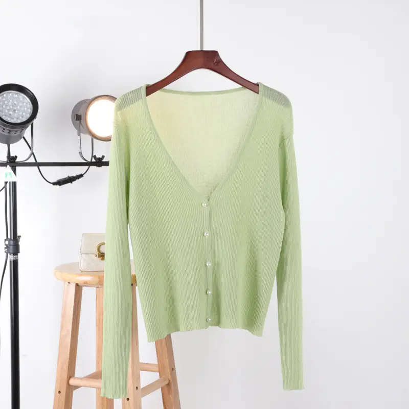 Women Ice Silk V-Neck Cardigan Light Green - Image 8