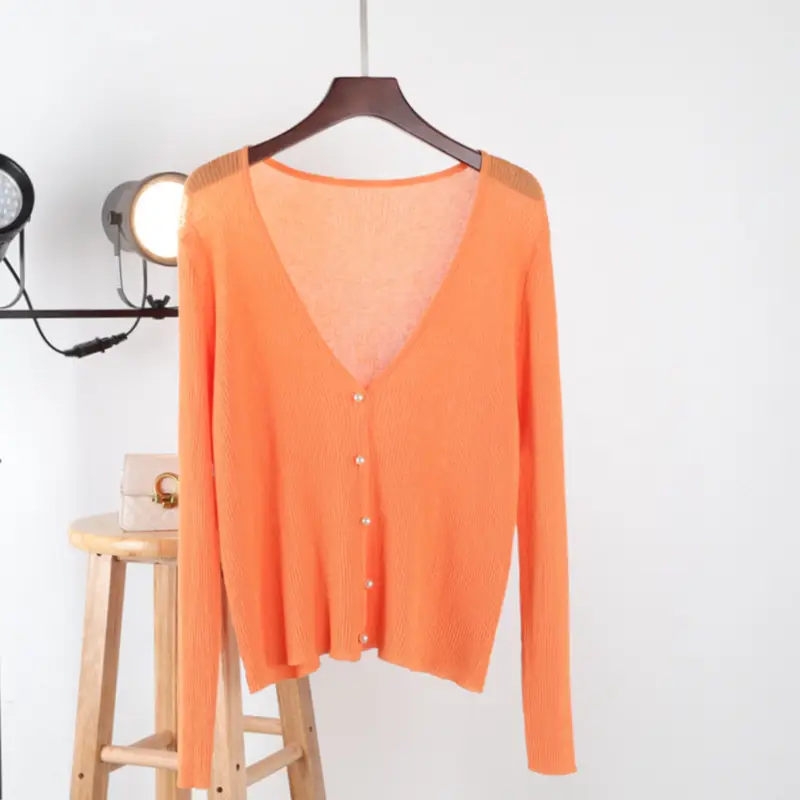 Women Ice Silk V-Neck Cardigan Light Green - Image 9