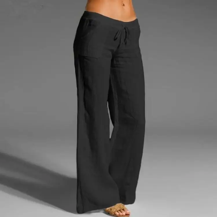 Women's Flared Cotton Linen Trousers White Black Brown Blue - Image 16