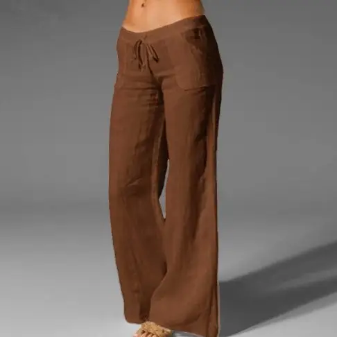 Women's Flared Cotton Linen Trousers White Black Brown Blue - Image 17