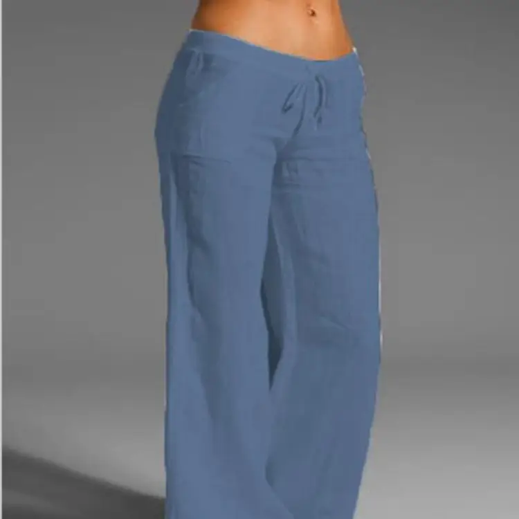 Women's Flared Cotton Linen Trousers White Black Brown Blue - Image 18