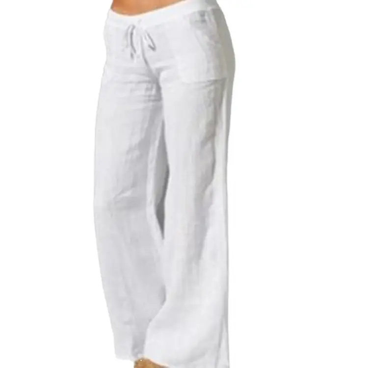 Women's Flared Cotton Linen Trousers White Black Brown Blue - Image 19