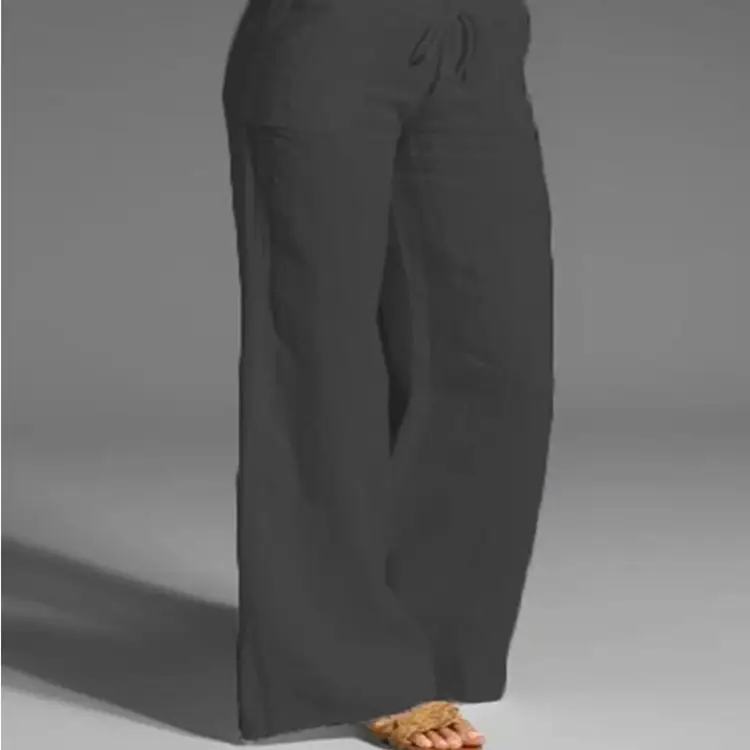 Women's Flared Cotton Linen Trousers White Black Brown Blue - Image 3