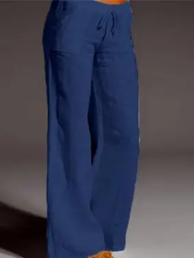 Women's Flared Cotton Linen Trousers White Black Brown Blue - Image 5