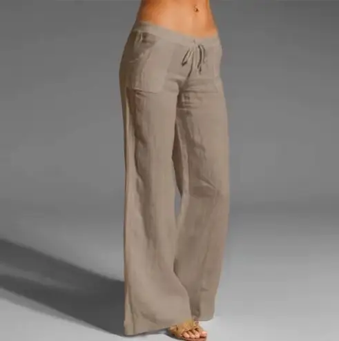 Women's Flared Cotton Linen Trousers White Black Brown Blue - Image 7