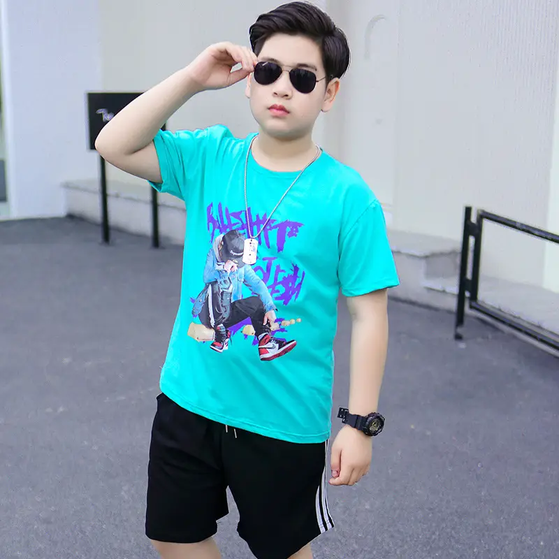 Anime Print Fat Men T-Shirt Shorts Set Turquoise Black - Image 4