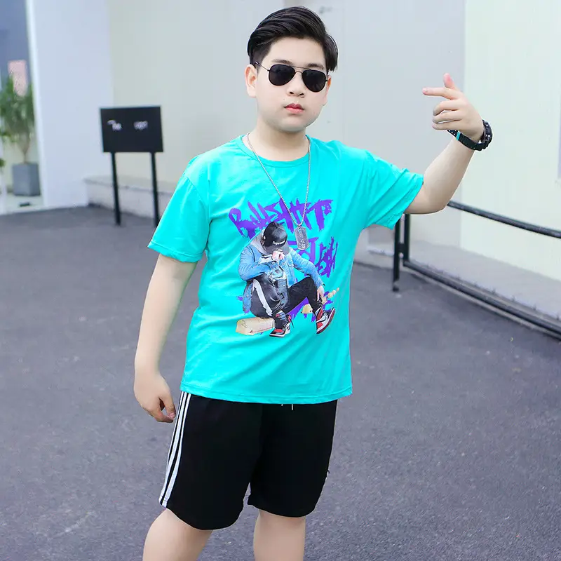 Anime Print Fat Men T-Shirt Shorts Set Turquoise Black - Image 3