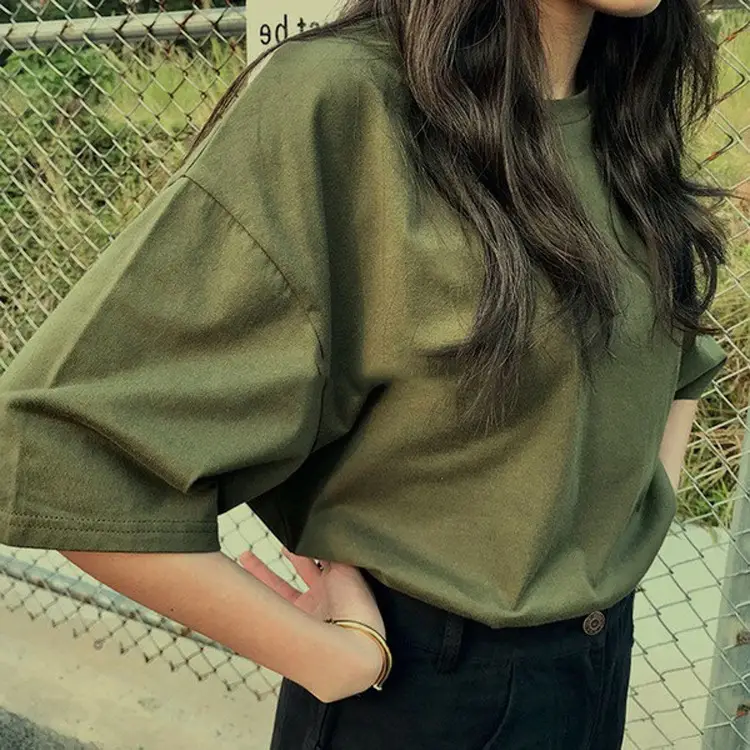 Women Olive Green Loose Sleeve T-Shirt 2020 - Image 5