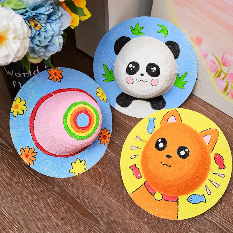 Kids Straw Hat DIY Painted Panda Design - Image 26