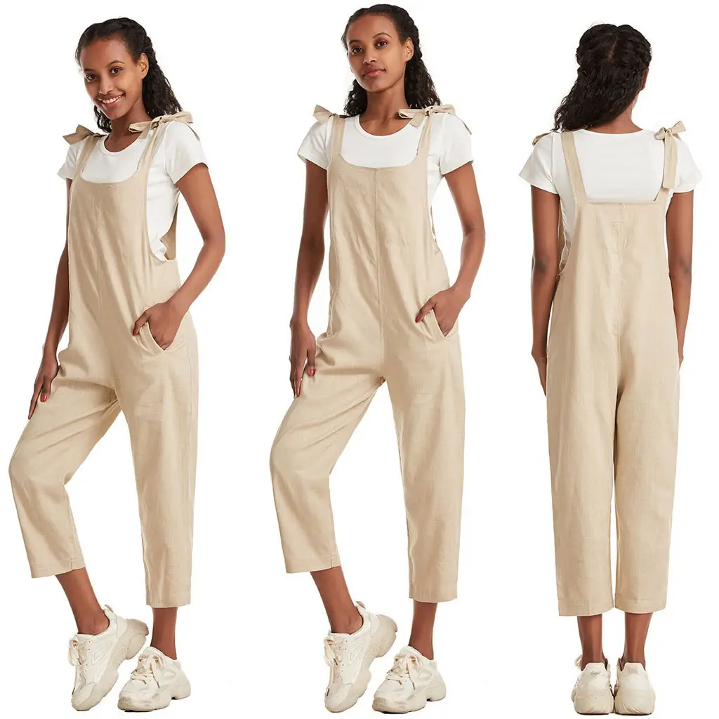 Women Cotton Linen Loose Overalls Yellow Blue Black