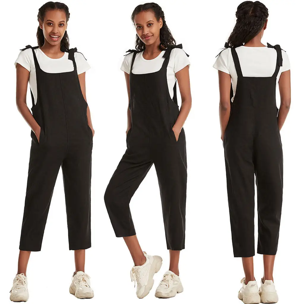 Women Cotton Linen Loose Overalls Yellow Blue Black