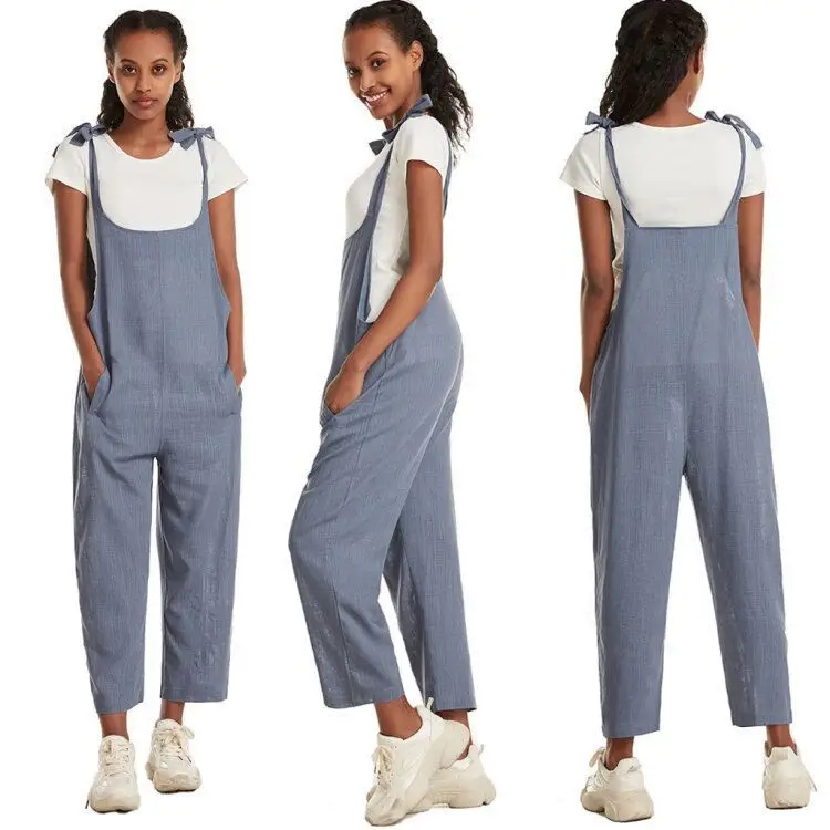 Women Cotton Linen Loose Overalls Yellow Blue Black