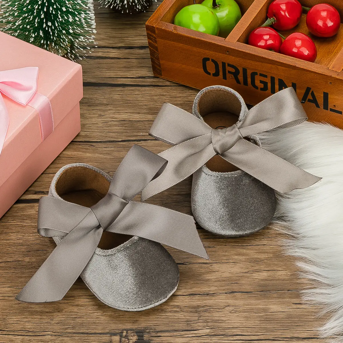 Blue Plush Ribbon Baby Shoes for Toddler Girls