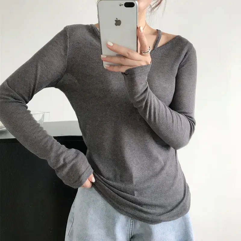 Women Grey Collar Long Sleeve Top Summer Wear - Image 6