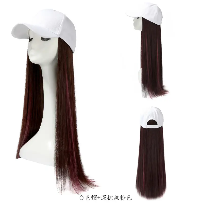 Long Straight Hair Wig with Baseball Cap, Dark Brown, High Temp Fiber - Image 4
