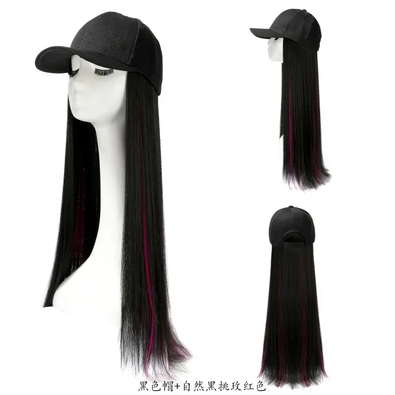 Long Straight Hair Wig with Baseball Cap, Dark Brown, High Temp Fiber - Image 2
