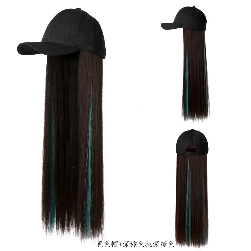Long Straight Hair Wig with Baseball Cap, Dark Brown, High Temp Fiber - Image 3