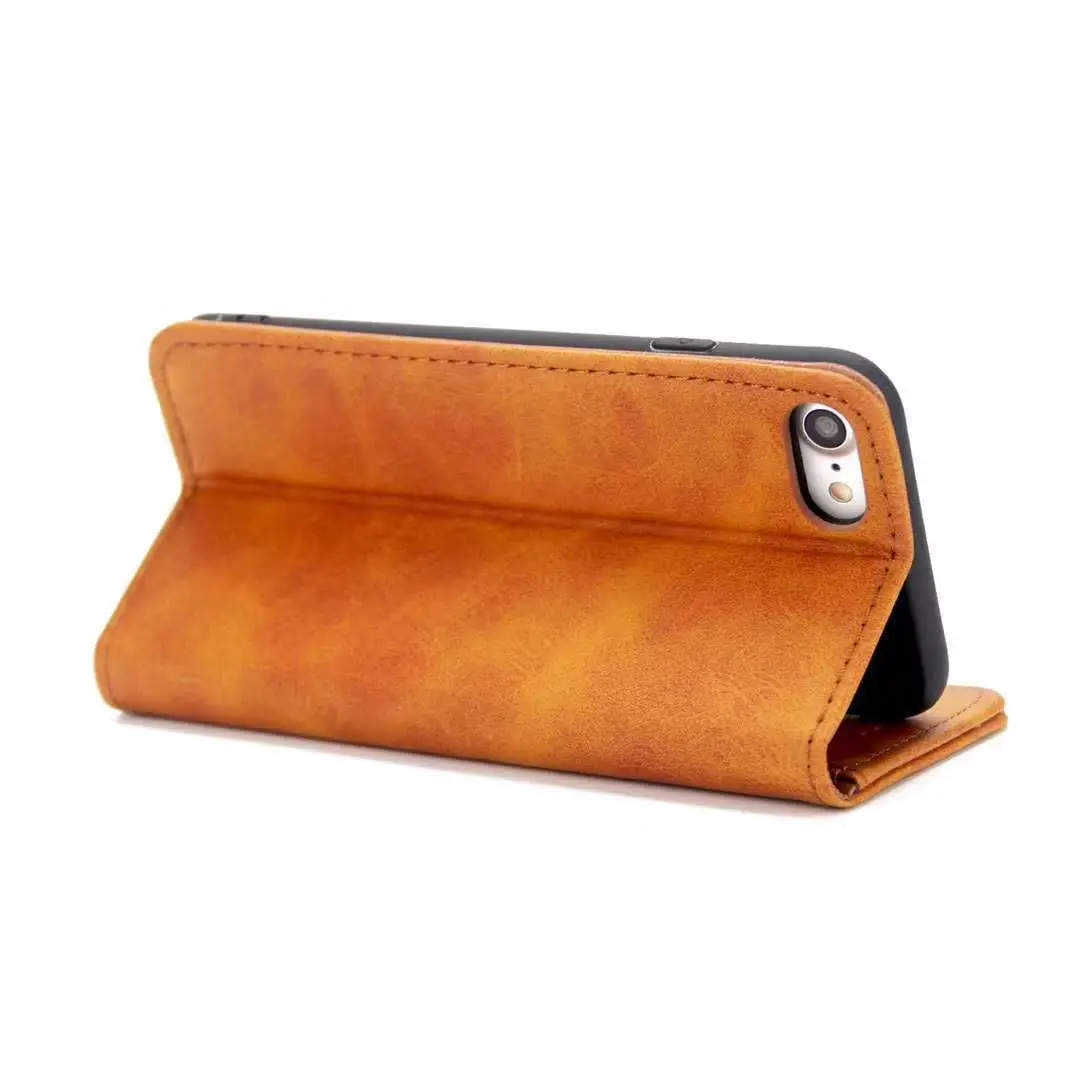 Flip Leather Phone Case Brown iPhone 14 Drop Resistant