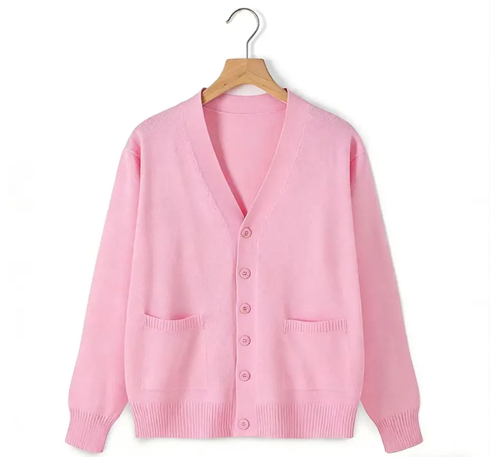 Pink Long Sleeve Knit V Neck Cardigan for Girls