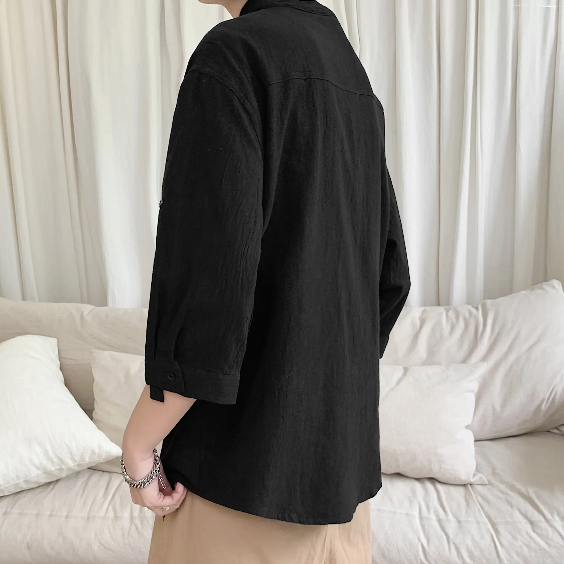 Men Korean Style Loose Black Short Sleeve Shirt - Image 5