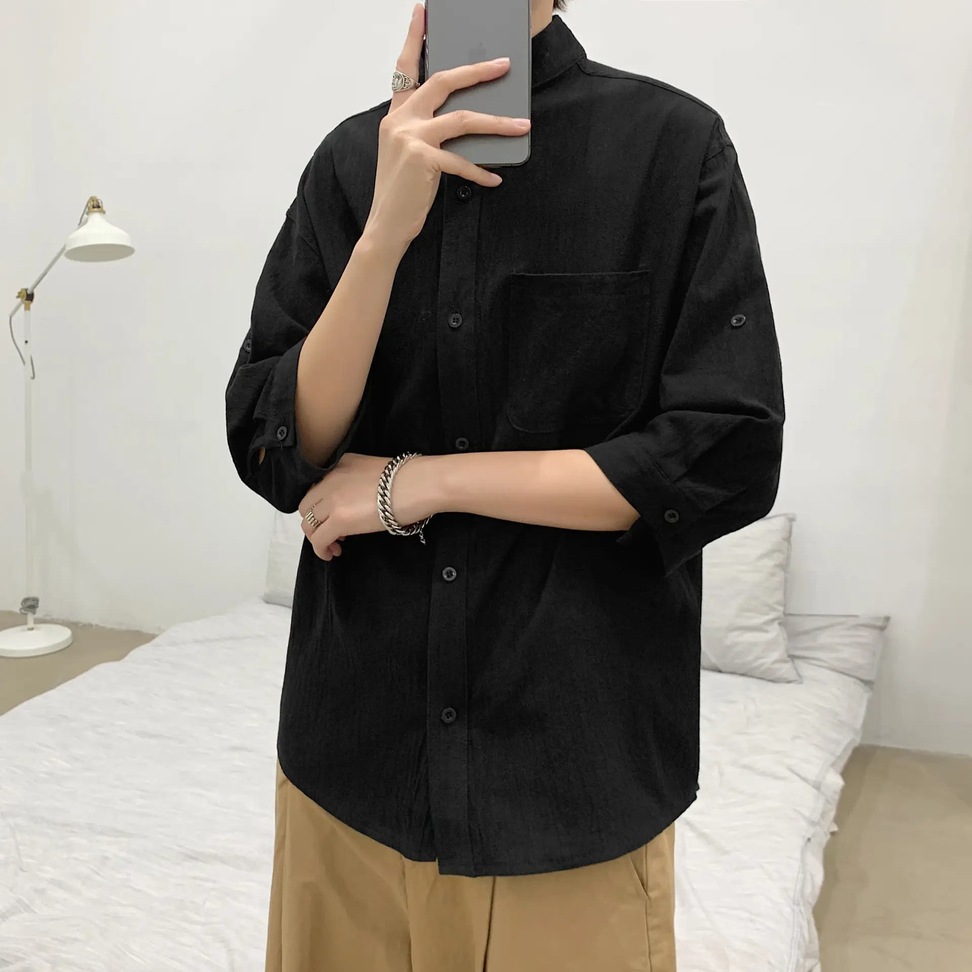 Men Korean Style Loose Black Short Sleeve Shirt - Image 6