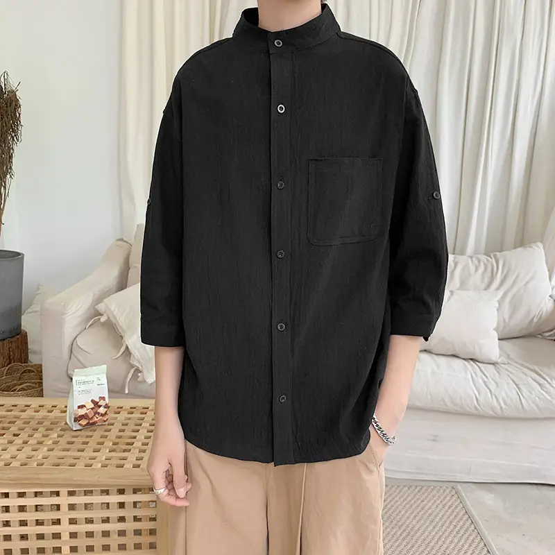 Men Korean Style Loose Black Short Sleeve Shirt - Image 2