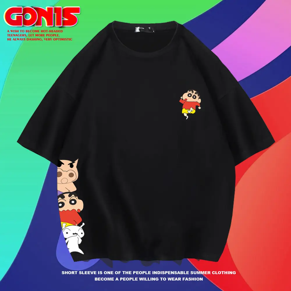 Japanese Cartoon Shin T-Shirt Black Loose Cotton