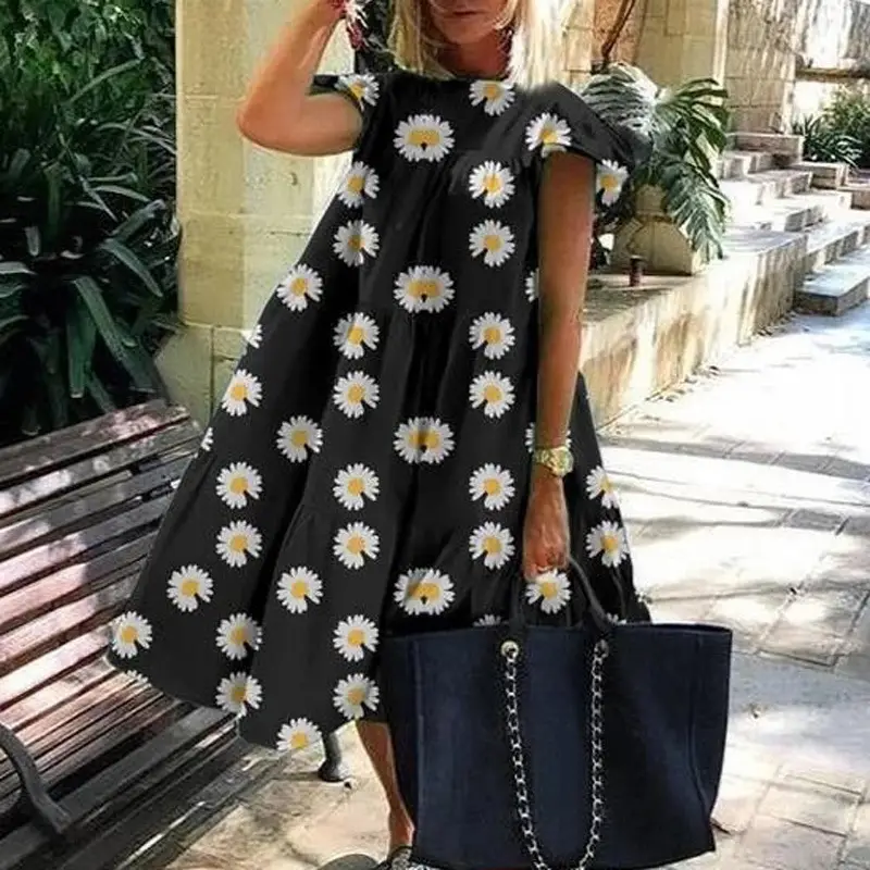 Women's Summer Floral Print Dress Pink Blue Short Sleeve - Image 14