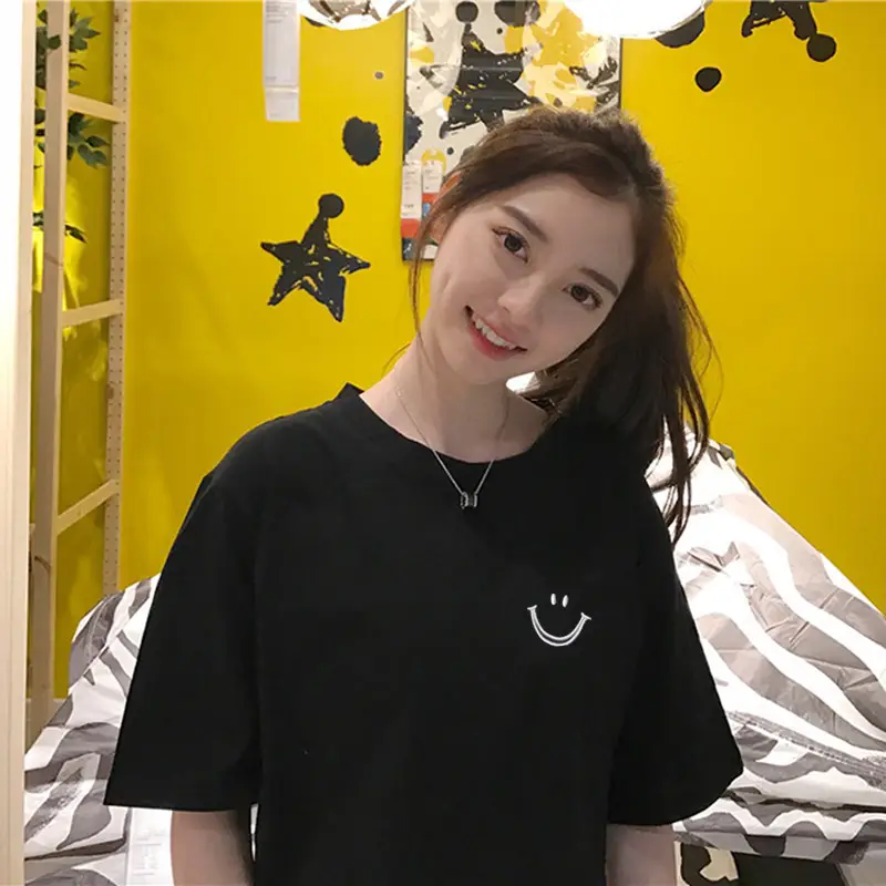 Women Smiley Print Short Sleeve T-Shirt White 2025 — feature 2