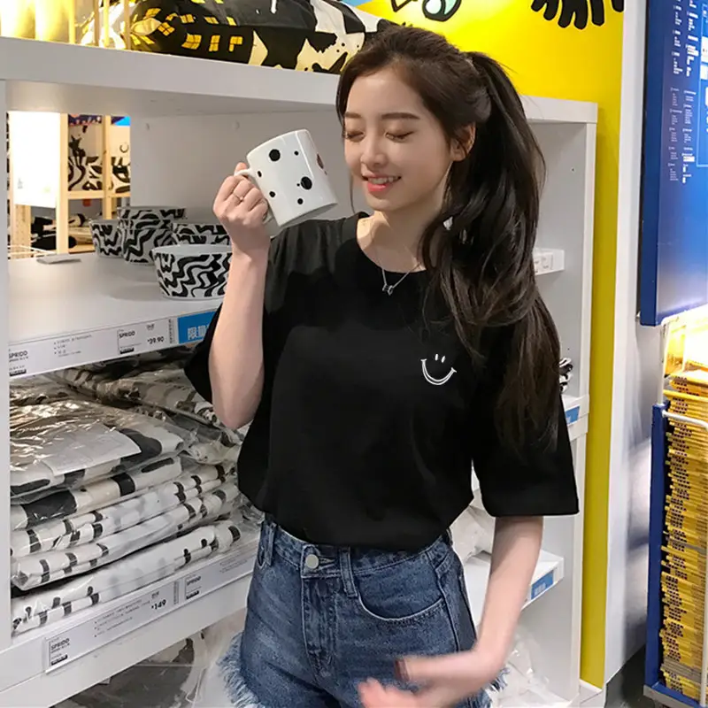 Women Smiley Print Short Sleeve T-Shirt White 2025 — feature 3
