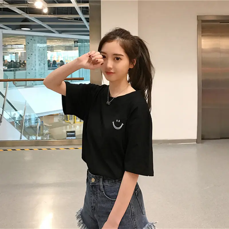Women Smiley Print Short Sleeve T-Shirt White 2025 — feature 4